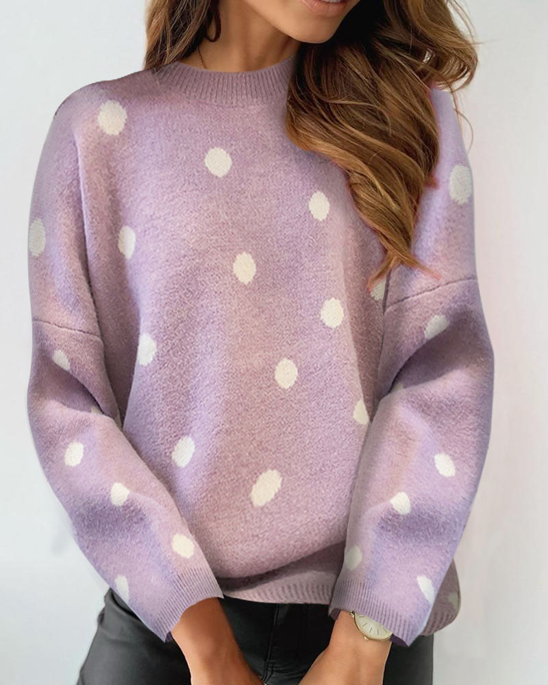 

Polkadot Print Long Sleeve Sweater, Pink