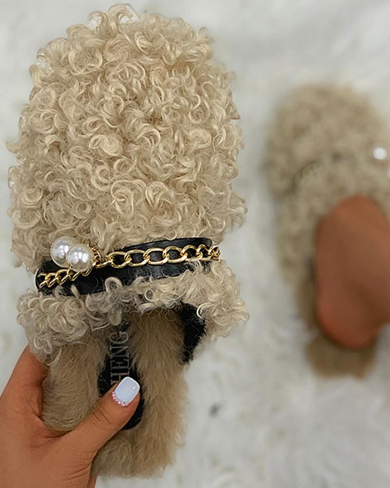 

Chain Decor Beaded Fluffy Slippers, Khaki