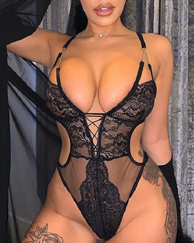 

Crochet Lace Sheer Mesh Plunge Chain Strap Teddy, Black