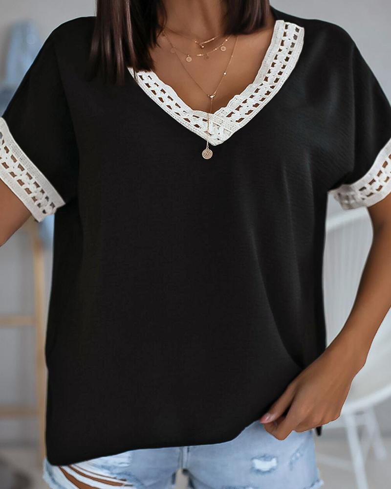 

Lace Patch Short Sleeve Basic T-shirt, Black