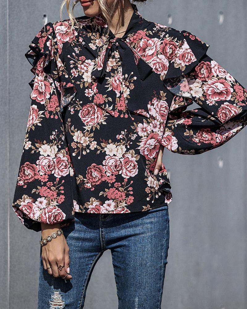 

Ruffles Floral Print Casual Blouse, Black