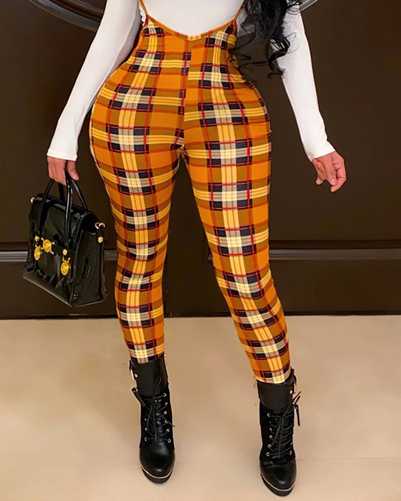 

Plaid Print Suspender Skinny Jumpsuit, Yellow