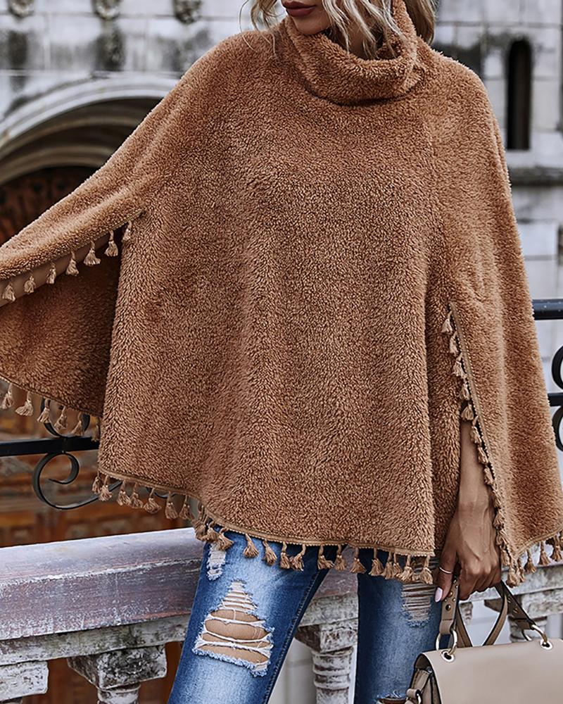 

Fluffy Cape Sleeve Tassel Design Sweater, Brown