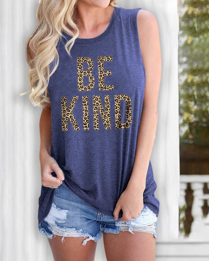 

Letter Cheetah Print Casual Tank Top, Blue