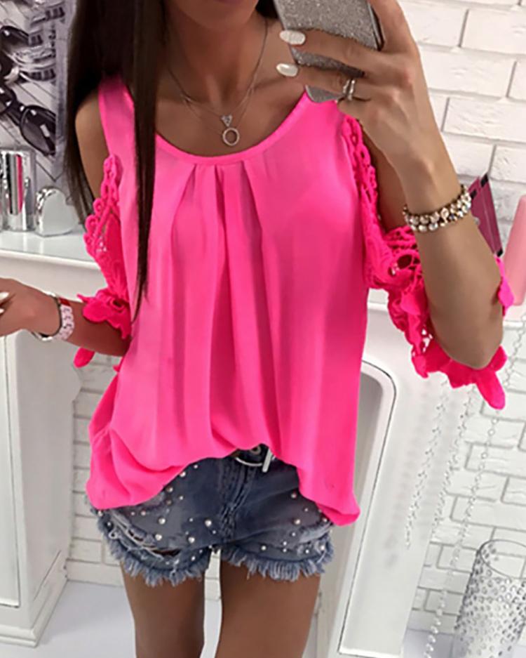 

Lace Crochet Cold Shoulder Pleated Blouse, Hot pink