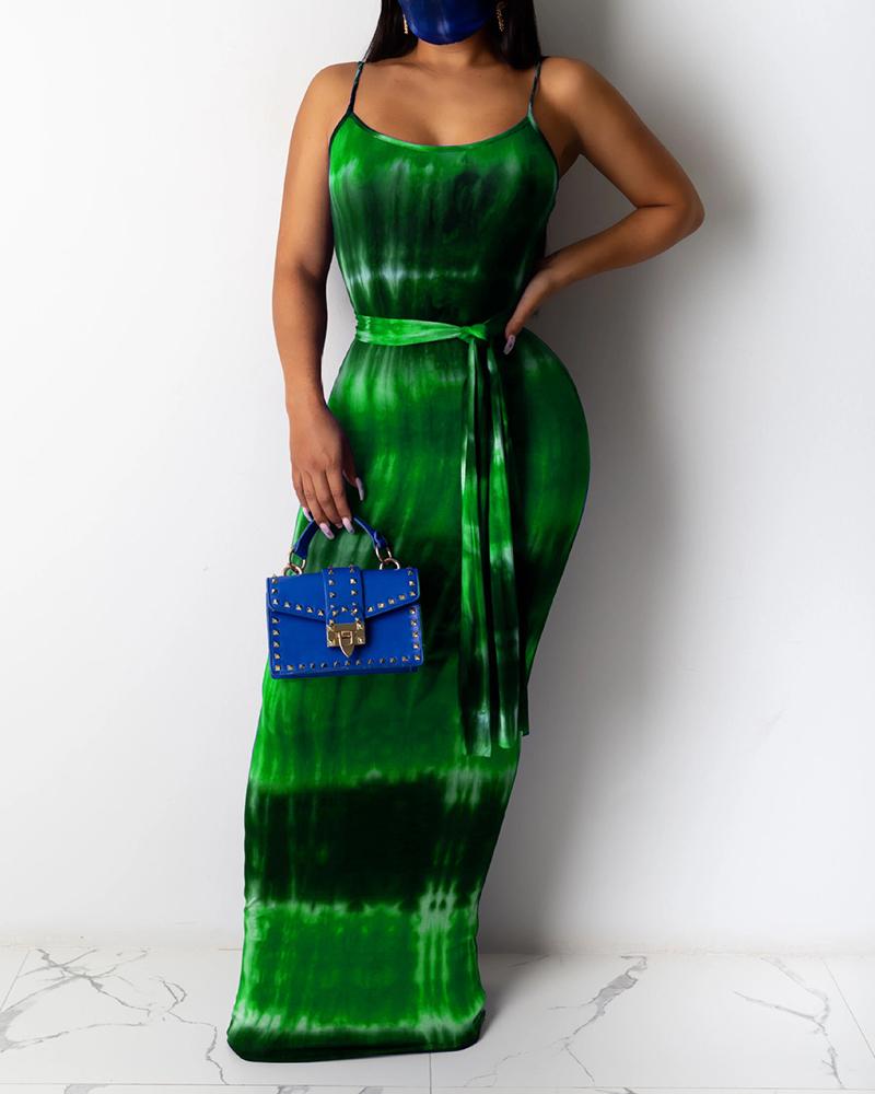

Spaghetti Strap Tie Dye Print Maxi Dress, Green