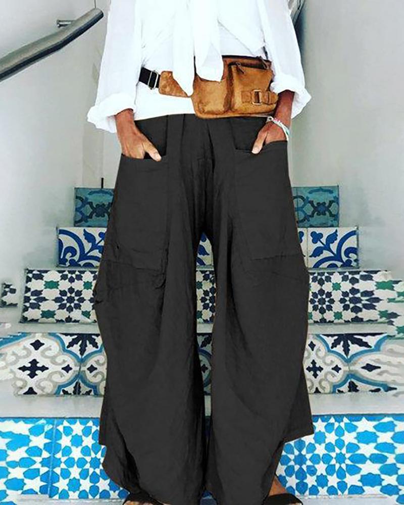 

Pocket Design Wide Leg Casual Pants, Black