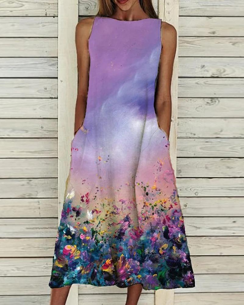 

Pocket Design Sleeveless Floral Print Colorblock Casual Dress, Light purple