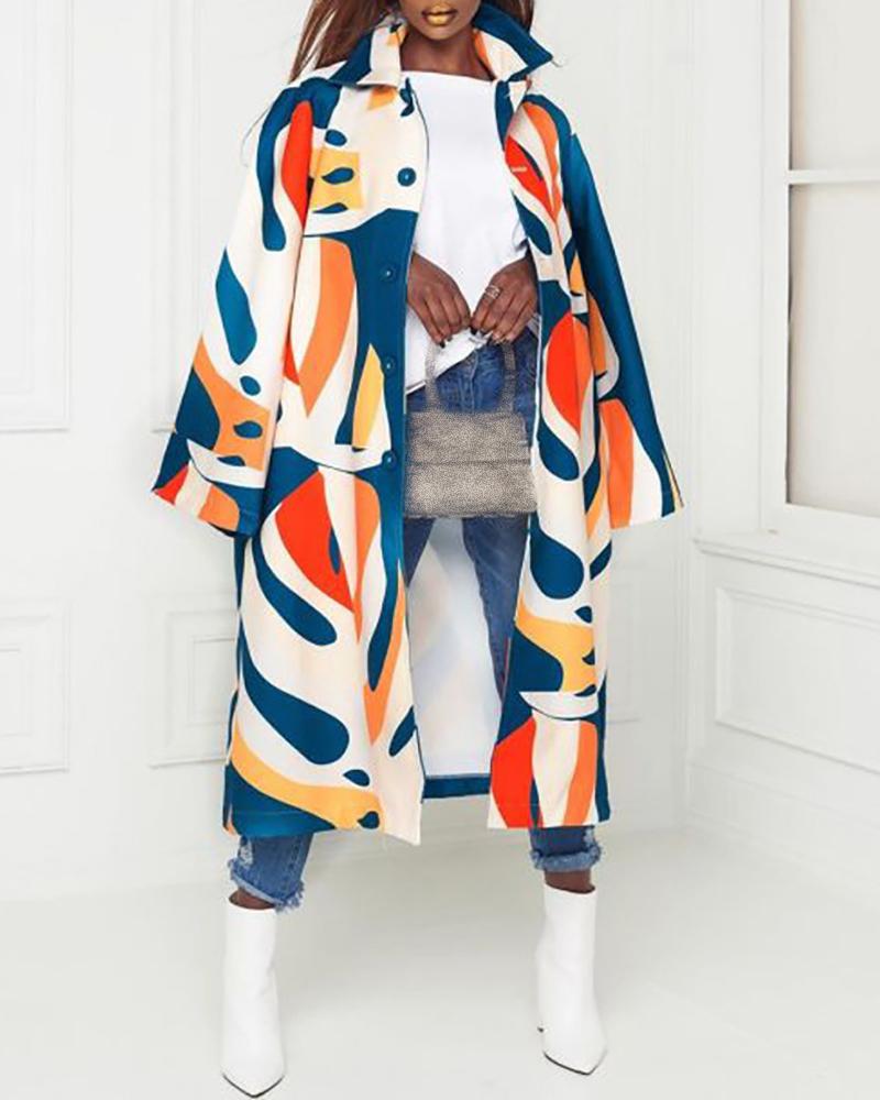 

Digital Print Colorblock Buttoned Longline Coat, Multicolor