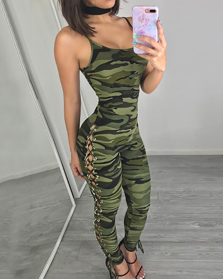 

Sexy Camouflage Print Lace-up Skinny Jumpsuit, Army green