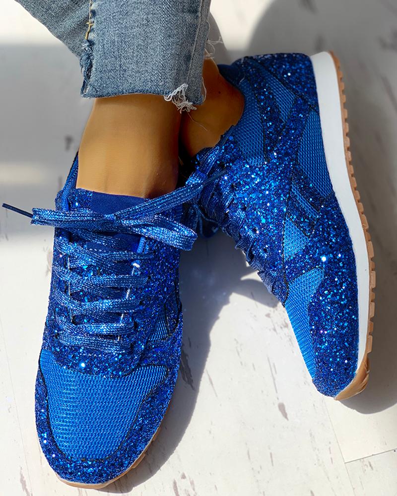 

Solid Sequins Lace-Up Sport Sneakers, Dark blue