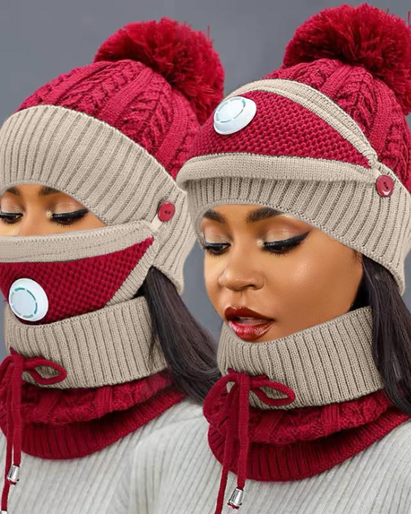 

Knit Pom Pom Beanie With Scarf & Vavle Face Mask, Red