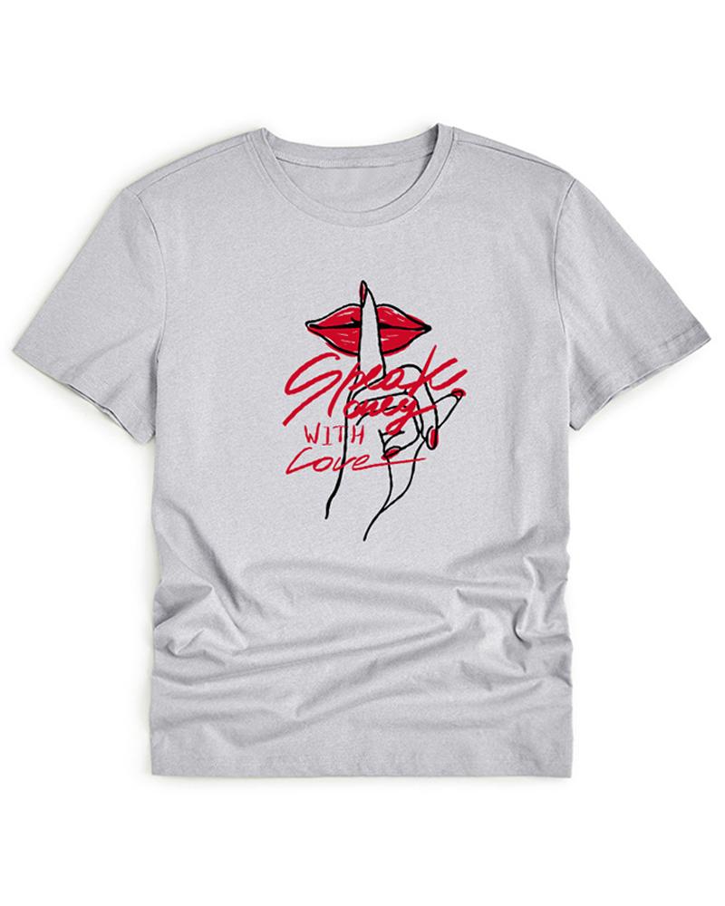 

Lip Slogan Letter Print Round Neck Short Sleeve Basic Cotto Top, Gray