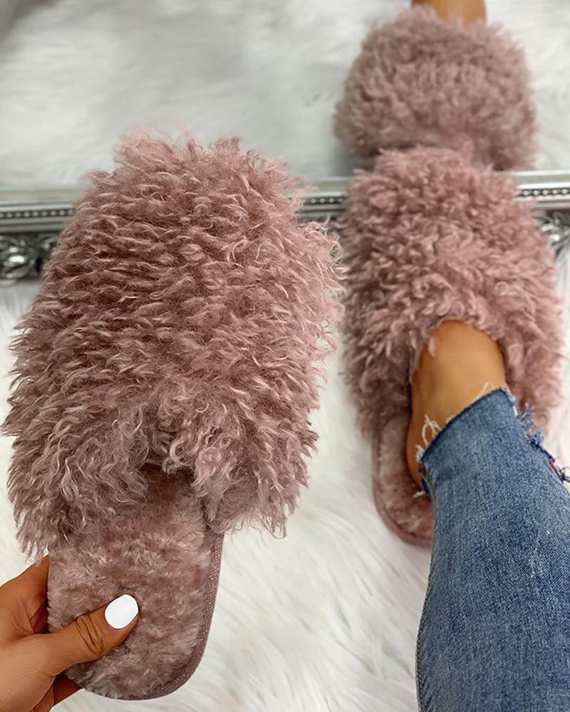 

Fluffy Design Print Flat Slippers, Pink