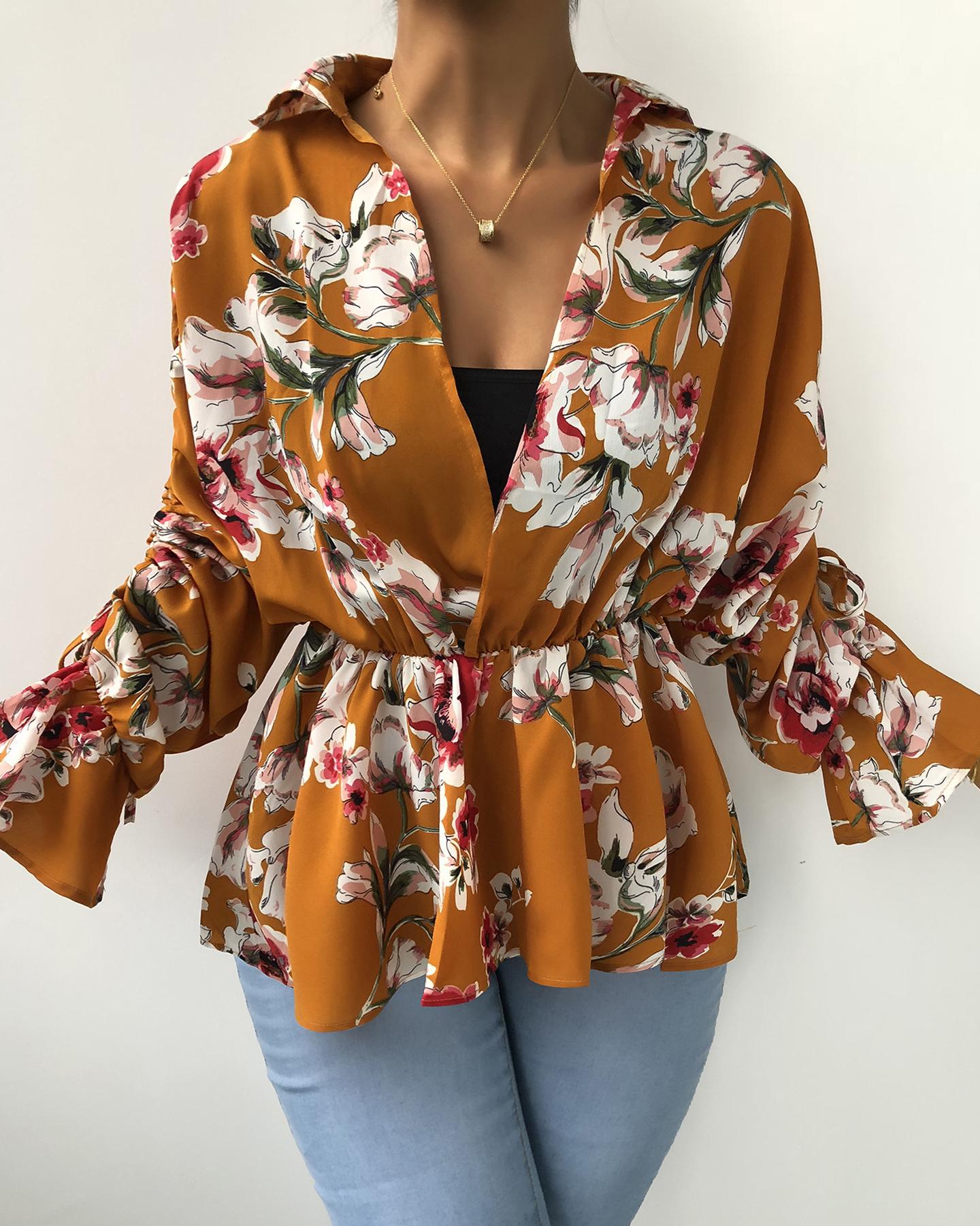 

Floral Print Ruched Ruffles Shirt, Orange