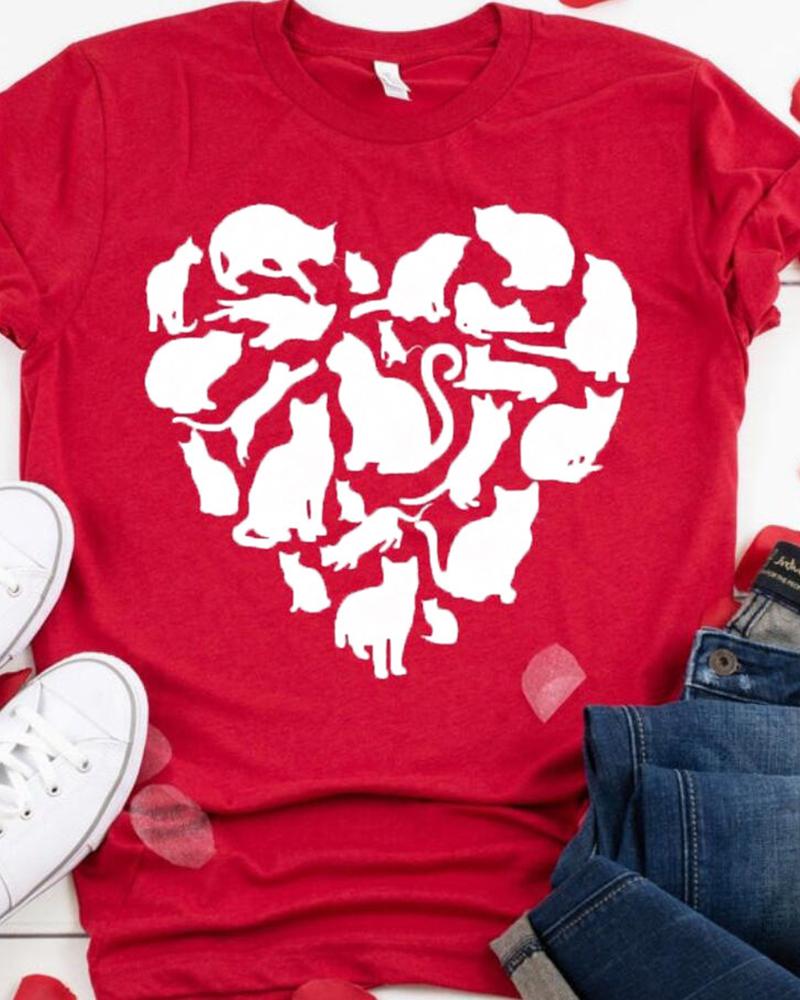 

Valentines Day Heart Cat Print T-shirt, Red