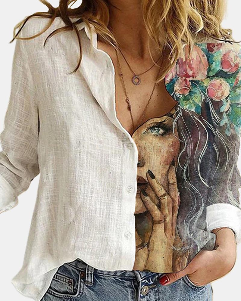 

Figure Print Button Design Shirt, White