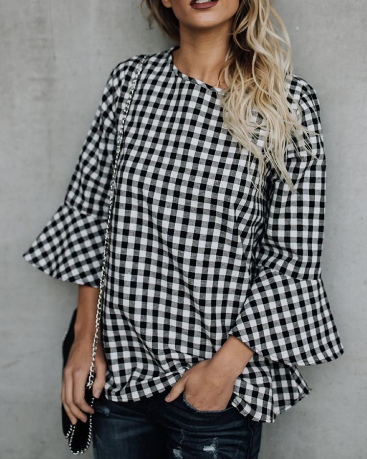 

Checkered Flare Sleeve Keyhole Back Casual Blouse, Black