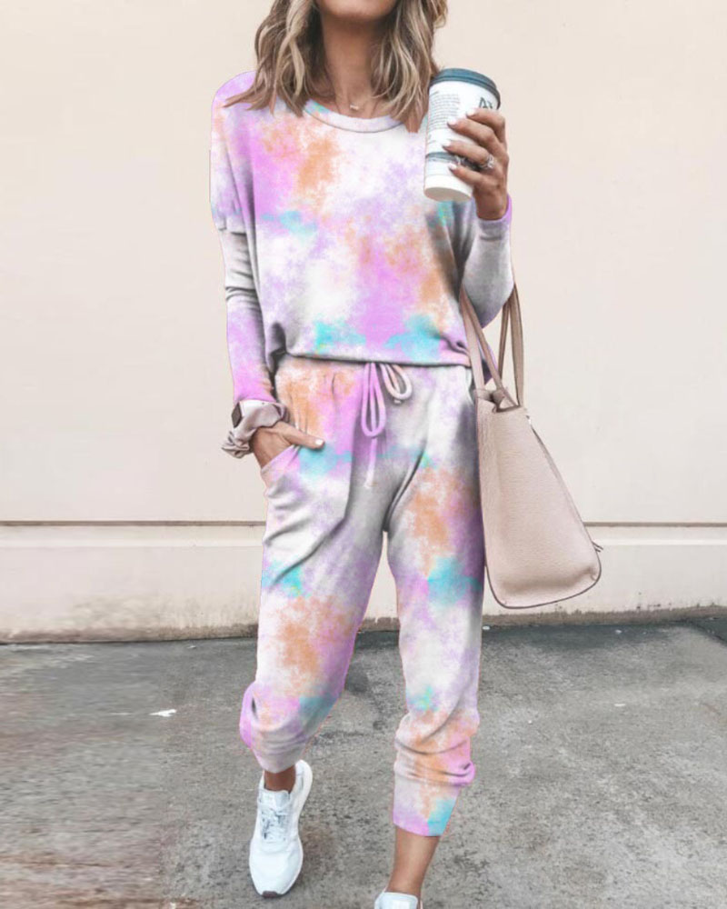 

Tie Dye Print Top & Drawstring Pants Set, Light pink