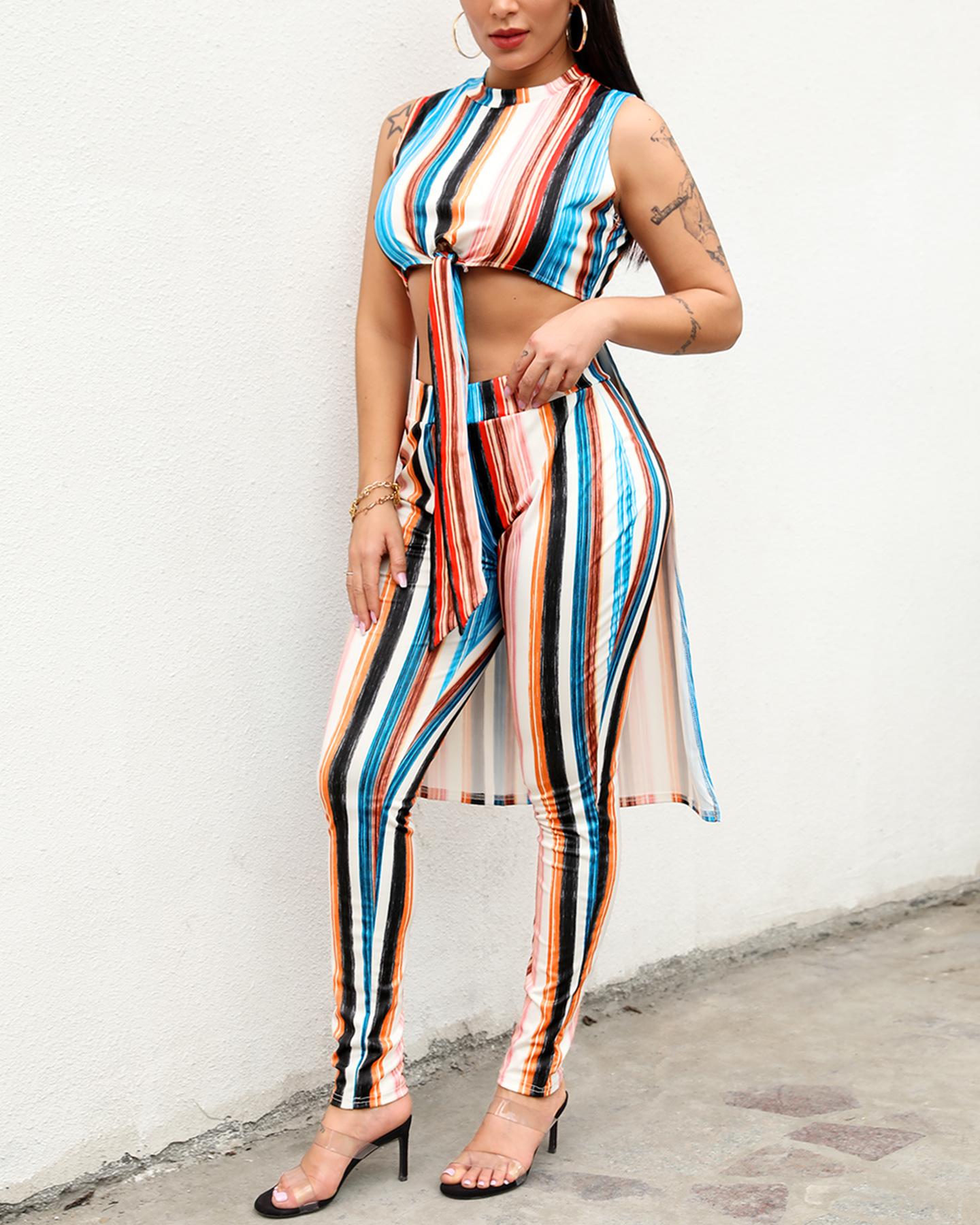 

Colorful Striped Dip Hem Women Top & Pants Set, Coffee