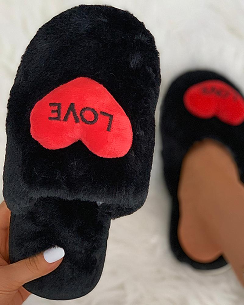

Heart Letter Pattern Fluffy Slippers, Black