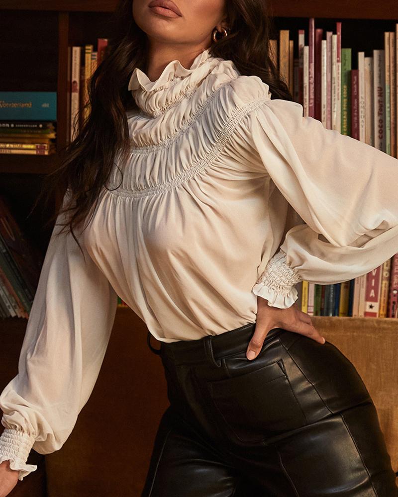 

Ruched Lantern Sleeve Chiffon Top, White
