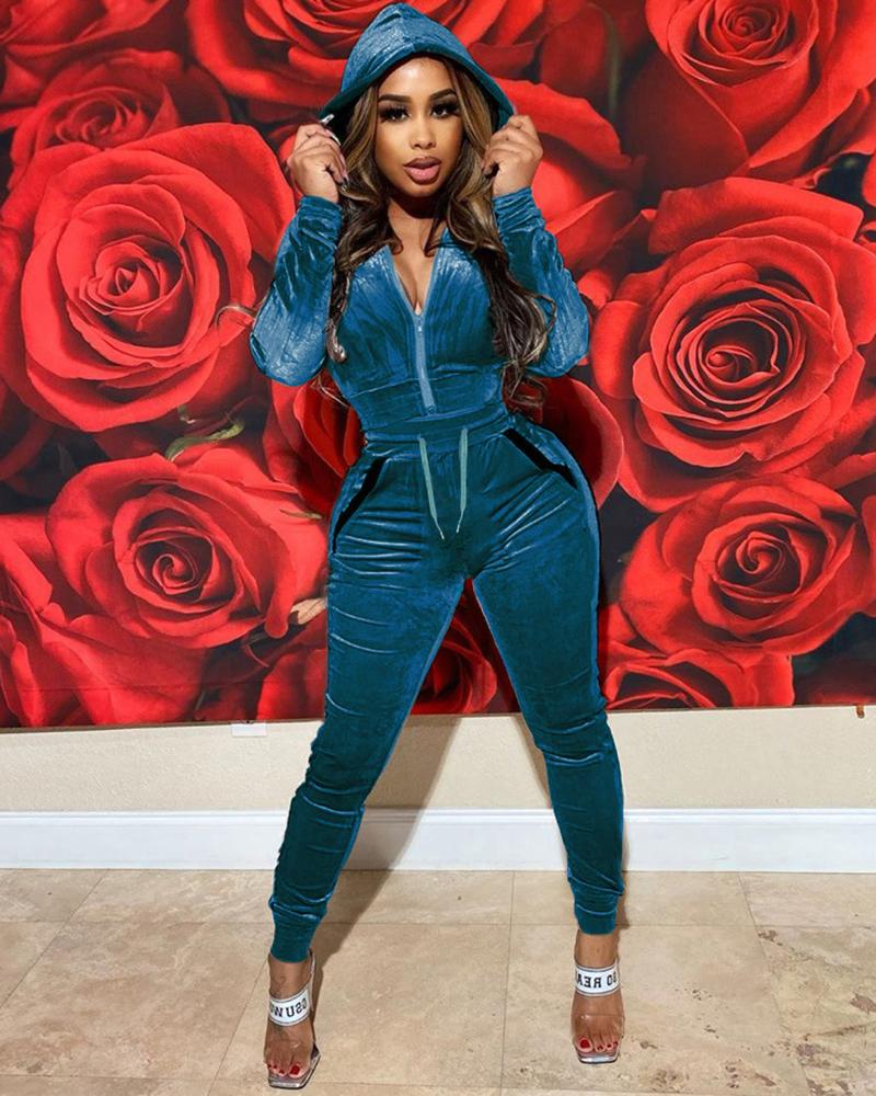 

Velvet Zip Hooded Top & Drawstring Pants Set, Dark blue