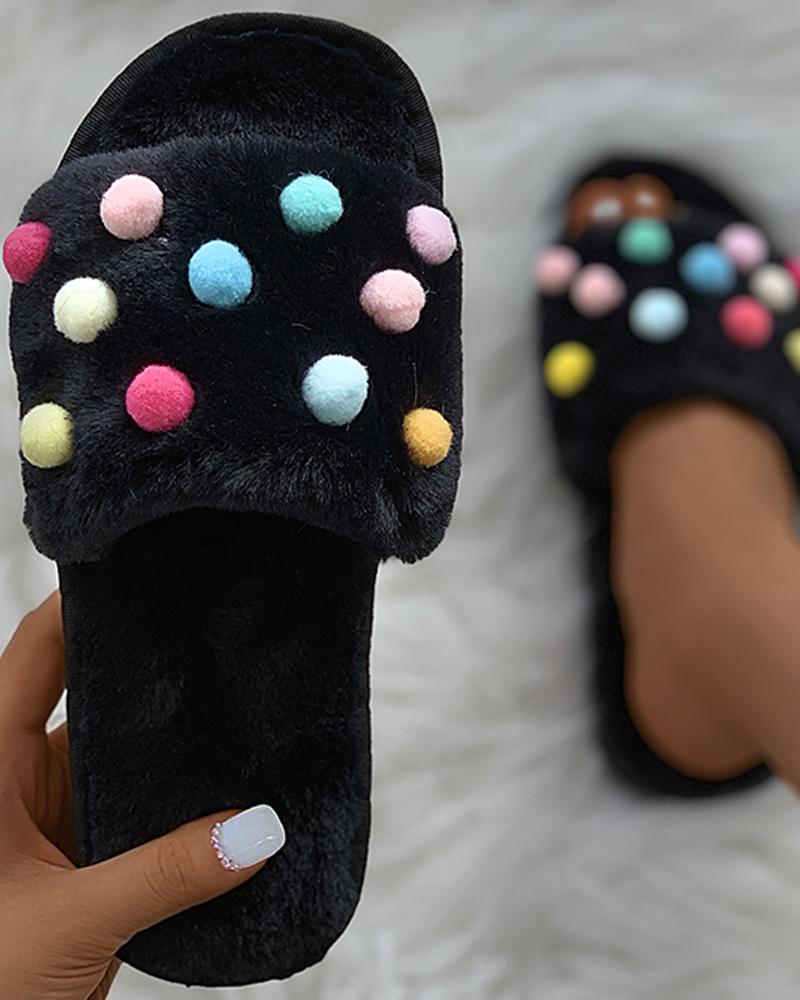 

Pom Pom Colorblock Fluffy Slippers, Black