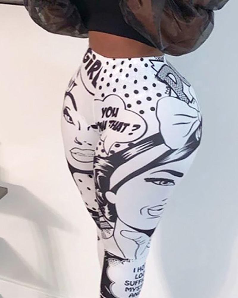 

High Waist Figure Print Casual Pants, White
