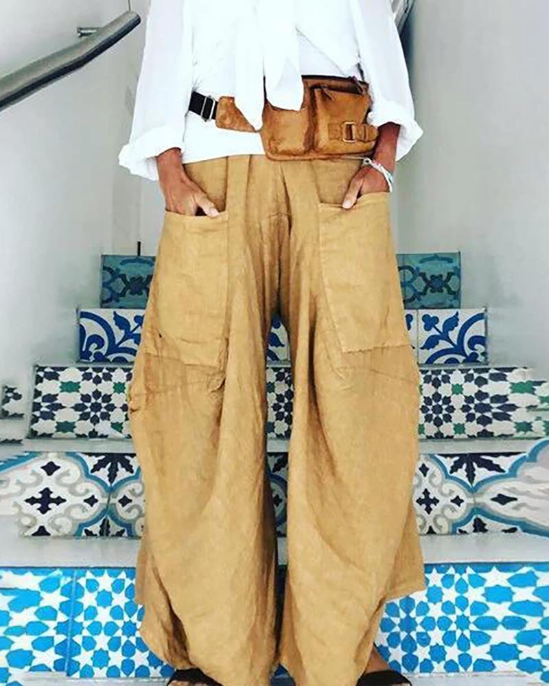 

Pocket Design Wide Leg Casual Pants, Khaki