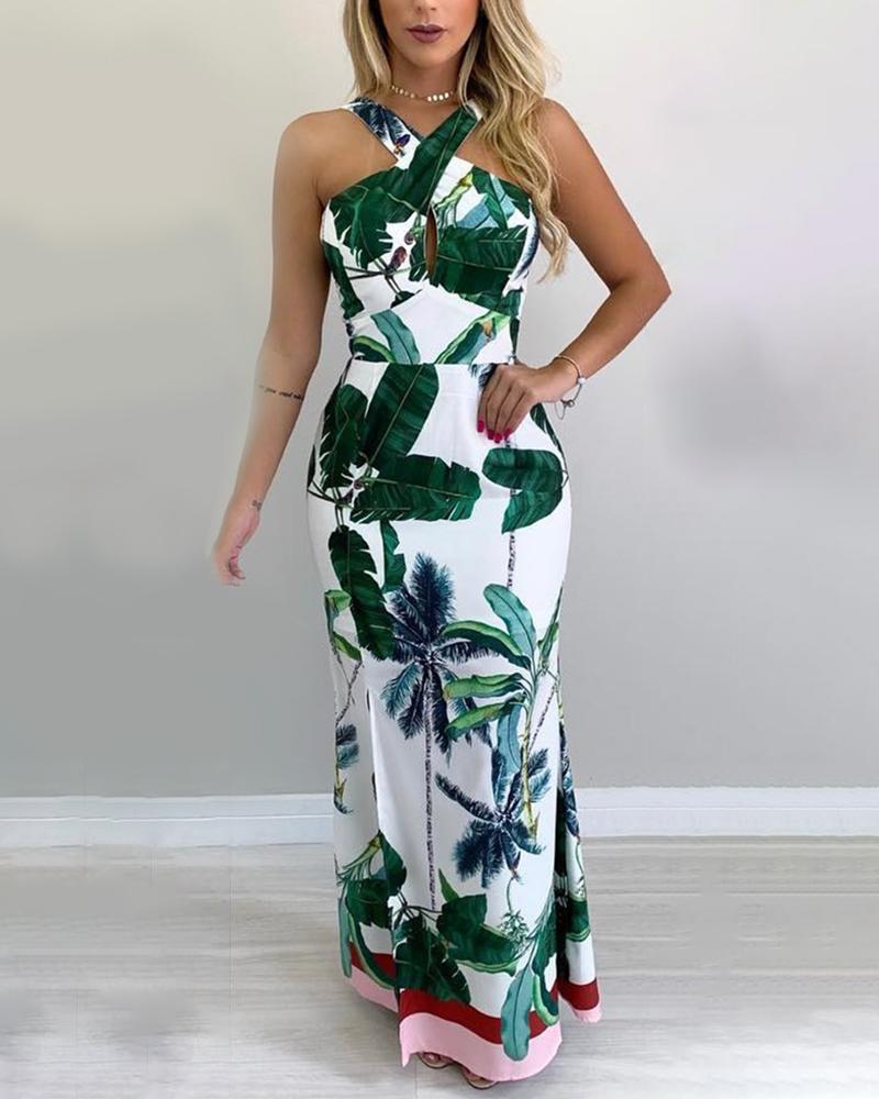 

Tropical Print Crisscross Neck Maxi Dress, White