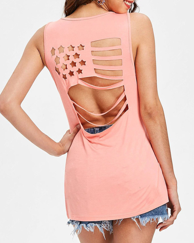 

Star Pattern Cutout Back Casual Tank Top, Pink