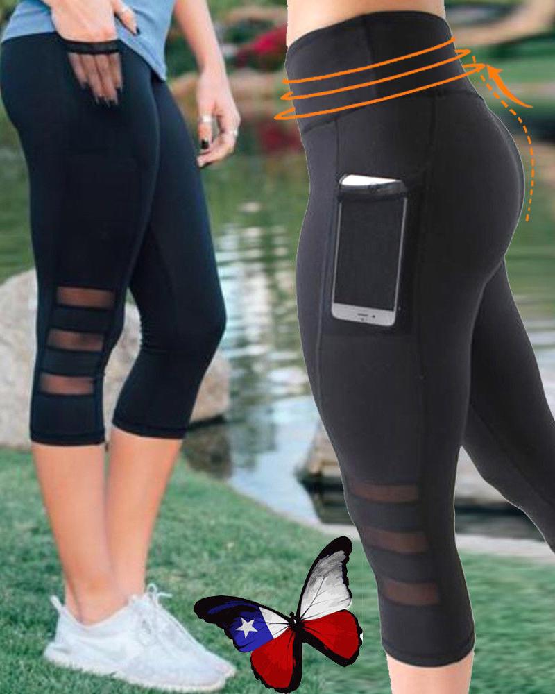 

High Waist Functional Pocket Design Mesh Yoga Pants, Black