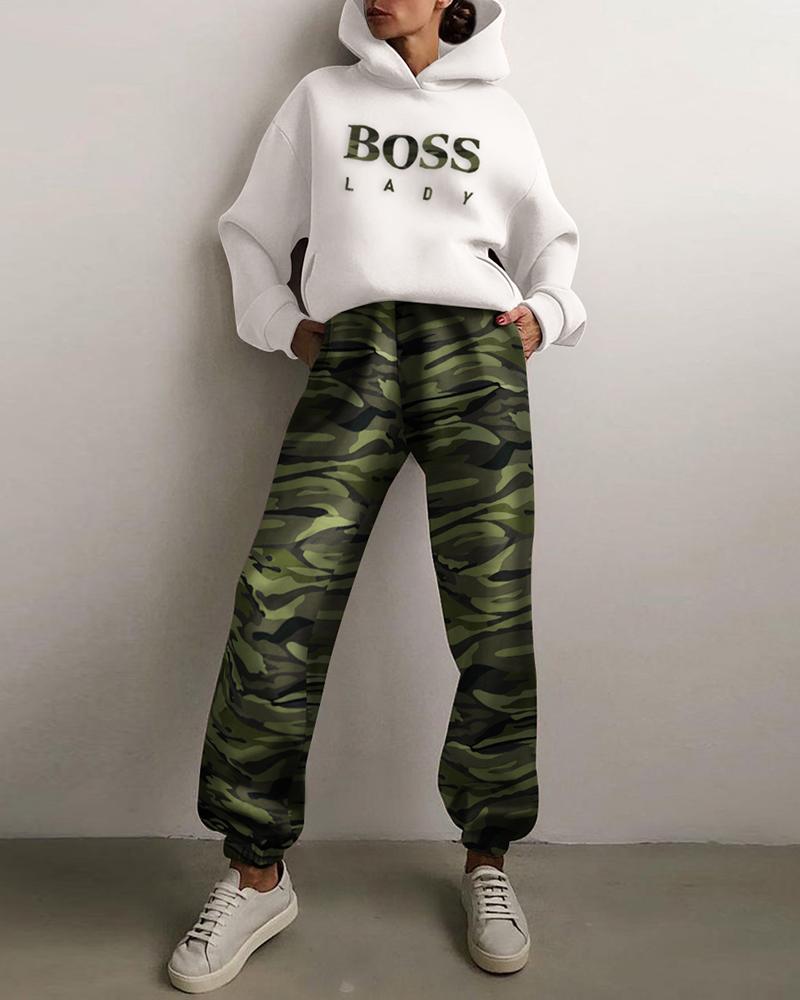 

Letter Print Hooded Top & Camouflage Pocket Design Pants Set, Camoflage