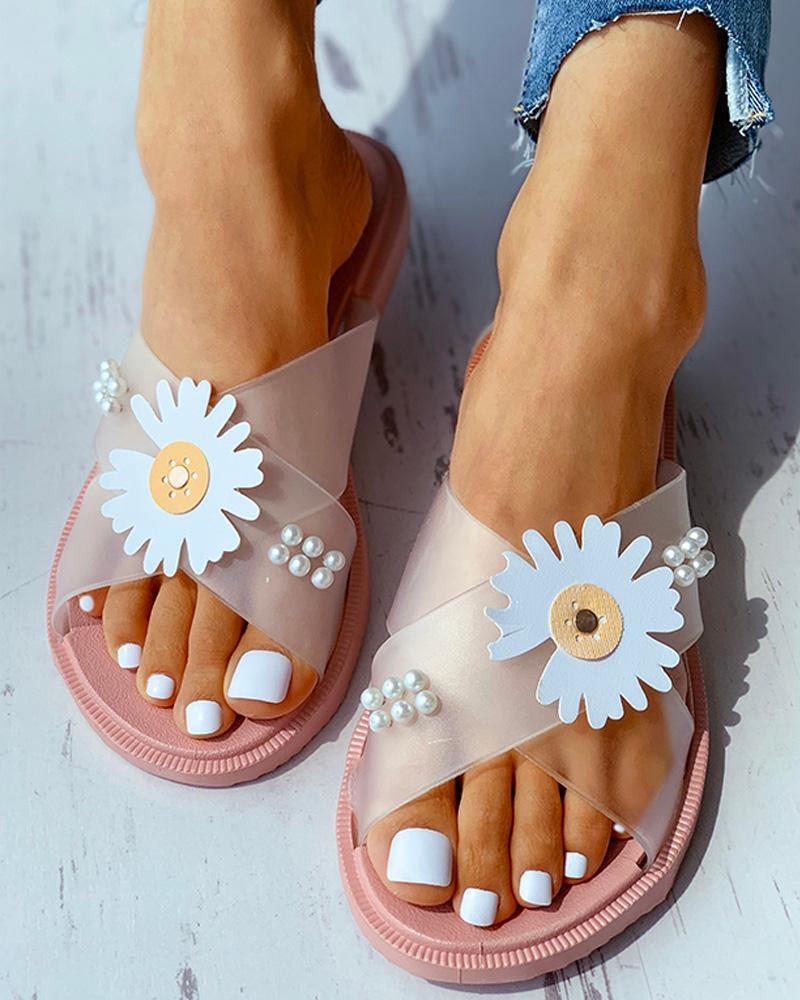 

Daisy Pattern Beaded Transparent Flat Sandals, Pink