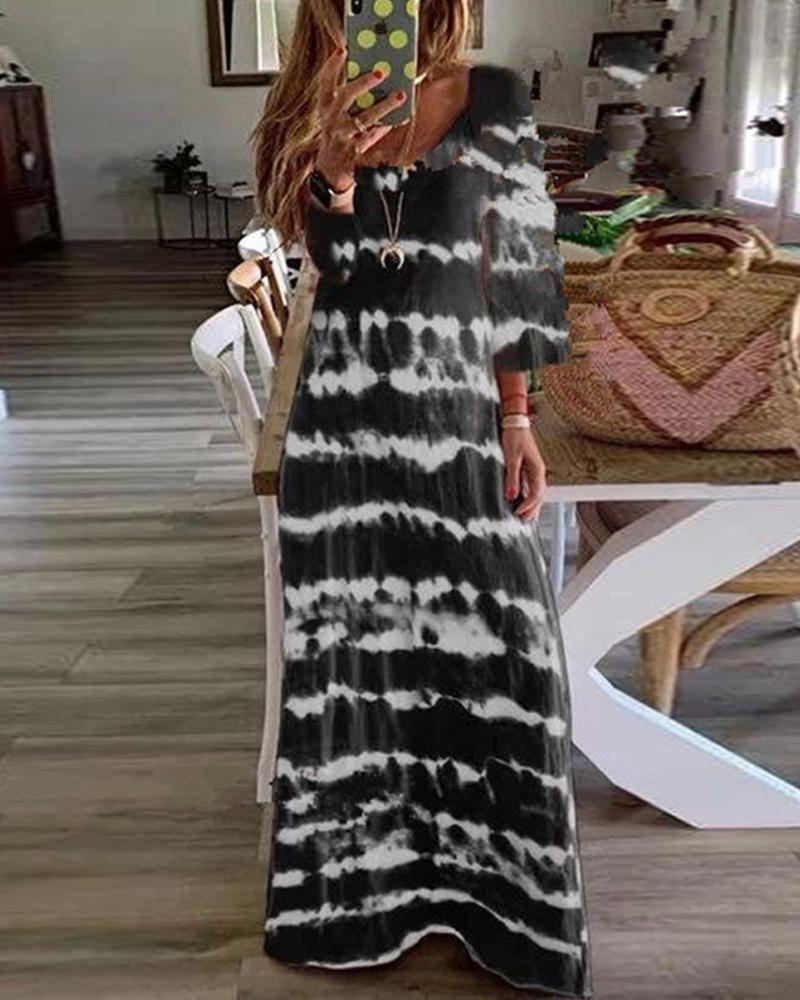 

Tie Dye Cold Shoulder Long Sleeve Loose Long Dress, Black