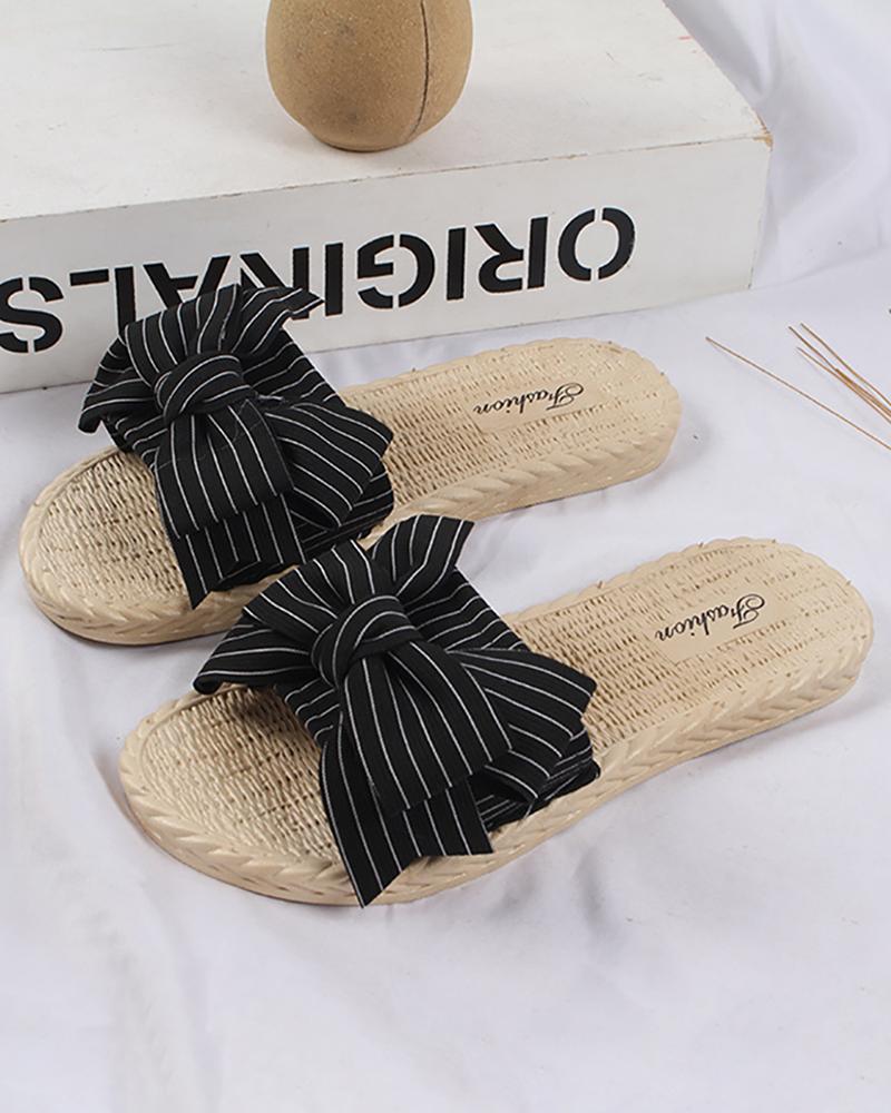 

Striped Bowknot Decor Woven Flax Flat Sandals, Black