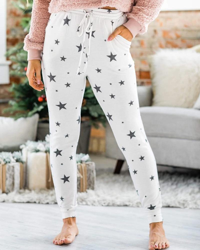 

Drawstring Star Print Casual Pants, White