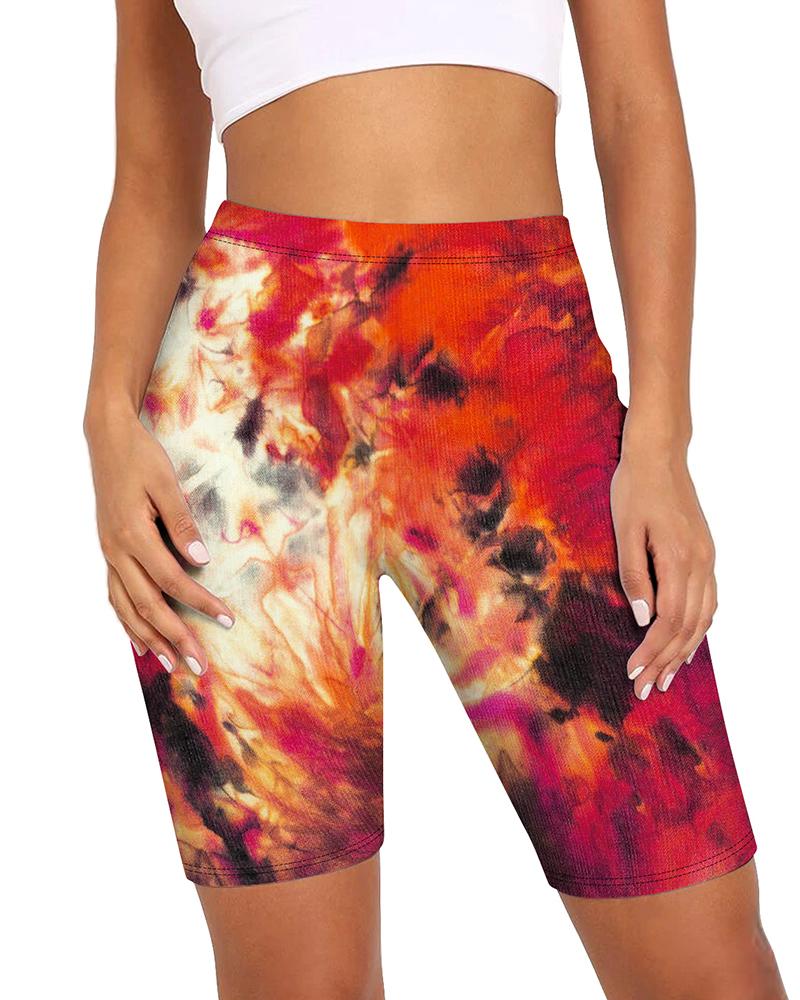 

High Waist Tie Dye Print Biker Shorts, Red