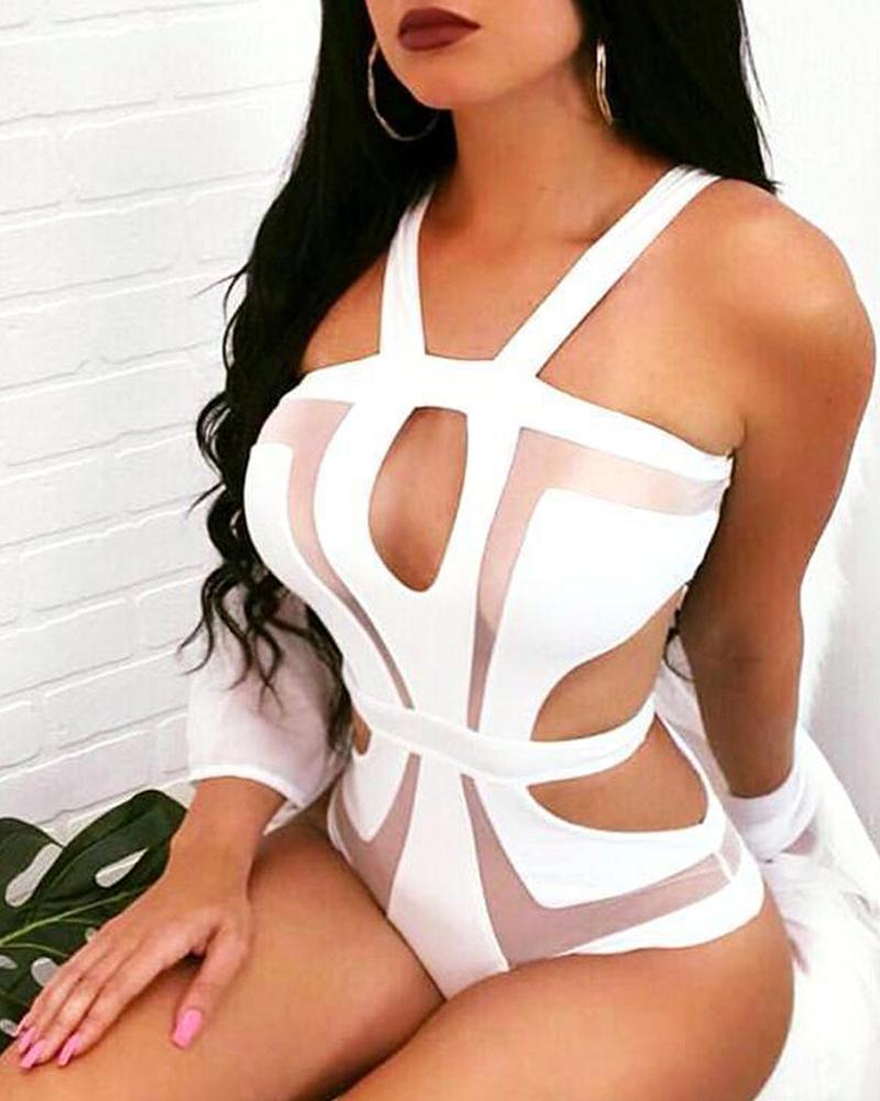 

Halter Sheer Mesh Cutout One Piece Swimwear, White