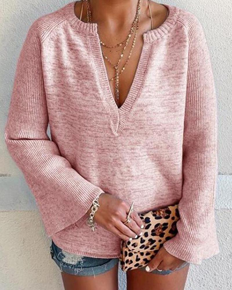 

V-neck Woven Off Shoulder cotton blends long sleeves Top, Pink