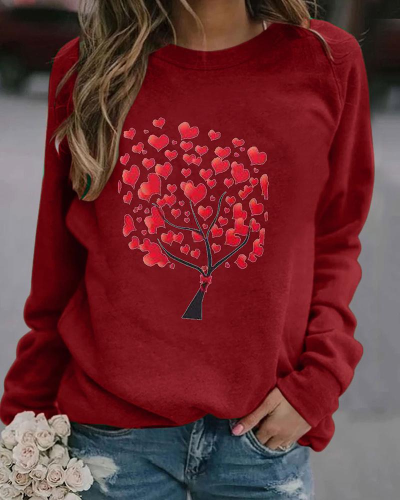 

Round Neck Valentine's Heart Print Sweatshirt, Red