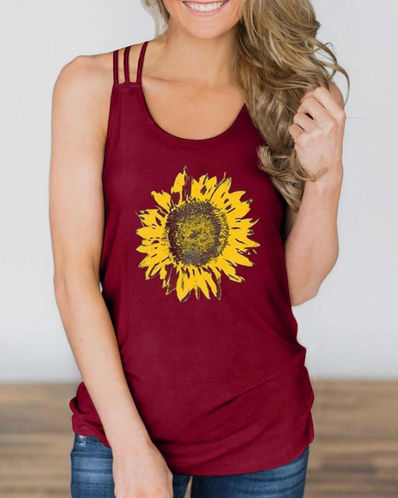 

Sunflower Print Round Neck Sleeveless Women Top, Wine red