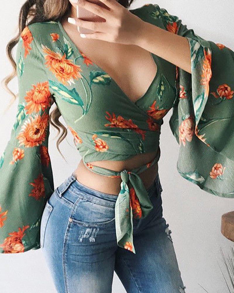

Plunge Floral Print Mesh Bell Sleeve Bandage Blouse, Green