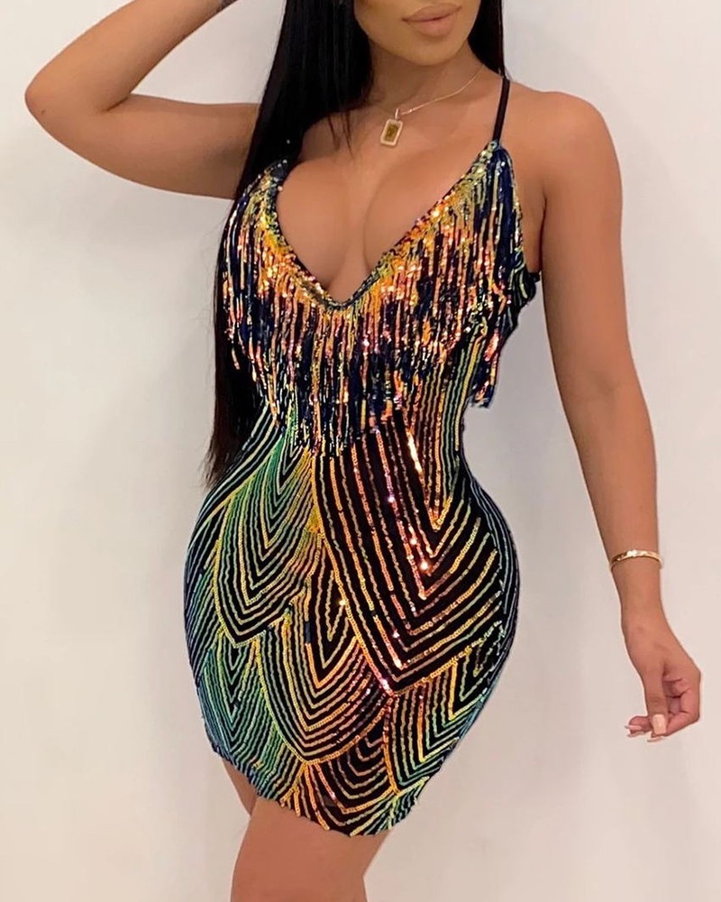 black chain strap sequin plunge bodycon dress