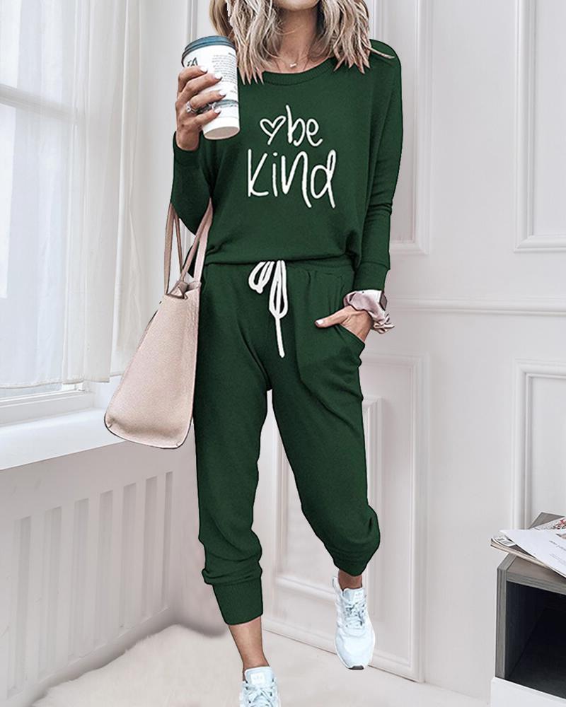 

Letter Print Long Sleeve T-shirt With Sweatpants Suit Sets, Green