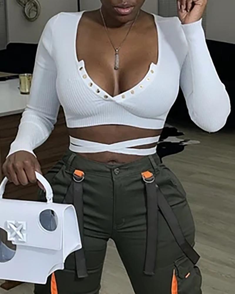 

Button Decor Bandage Long Sleeve Crop Top, White