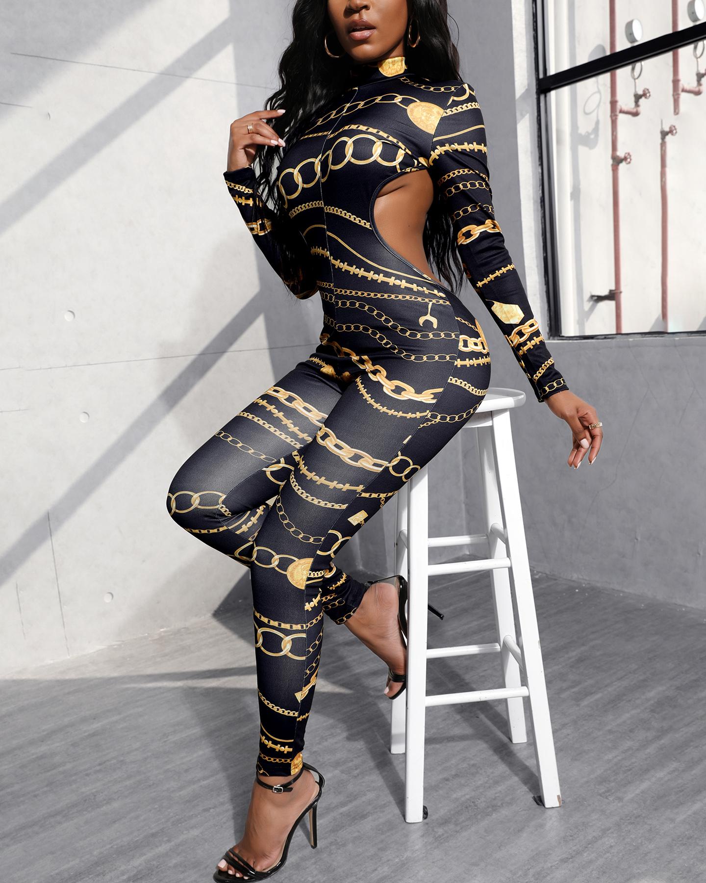 

Chain Print Zipper Front Backless Jumpsuit, Black