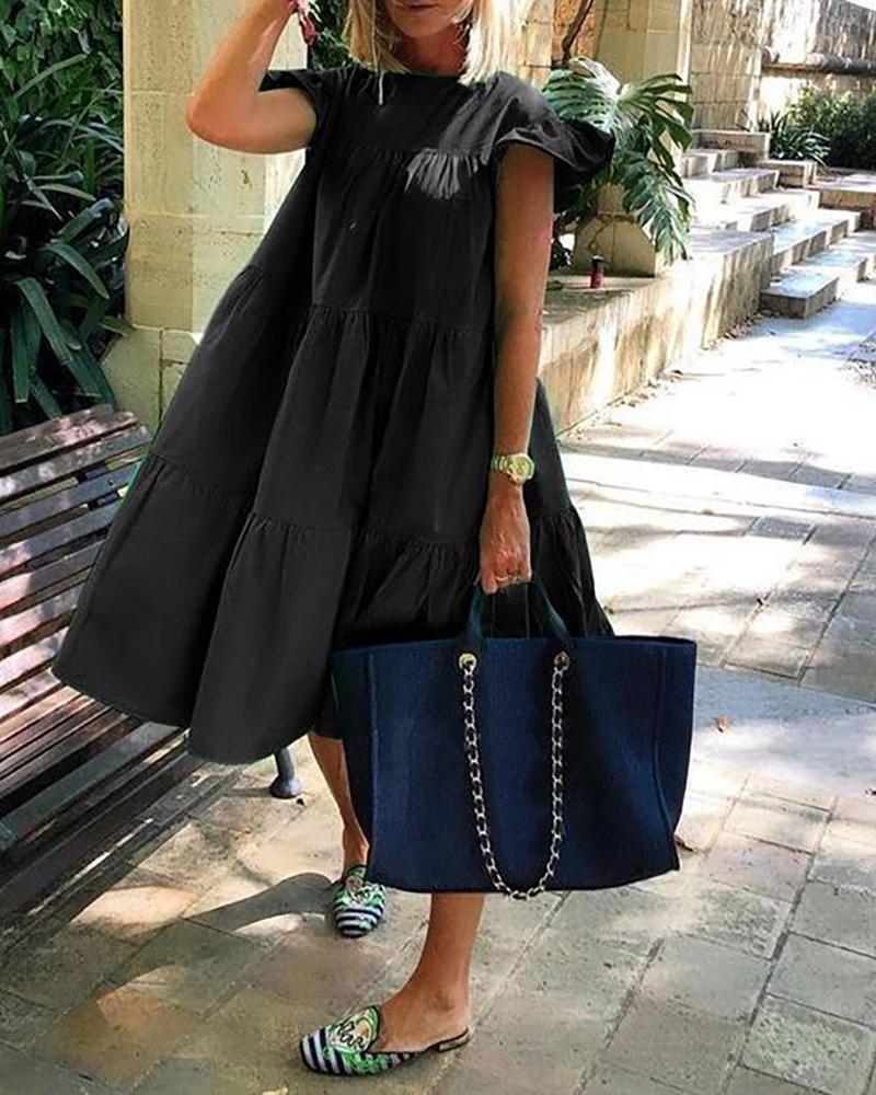 

Short Sleeve Ruffles Ruched Casual Dress, Black