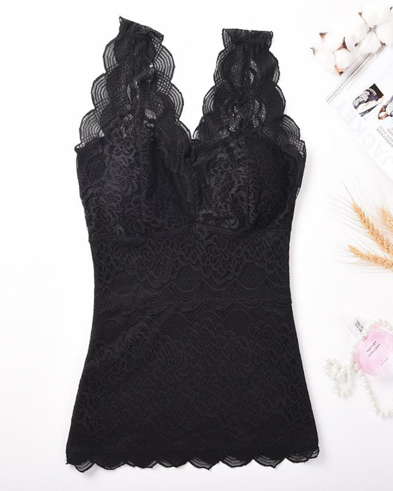 

V-Neck Warm Fleece Lace Tank, Black